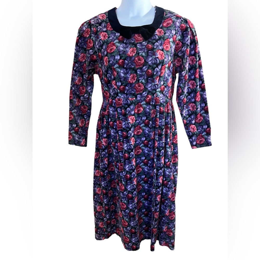 Laura Ashley Vintage Floral Puff Sleeve Corduroy Prairie Maxi Dress size 12
